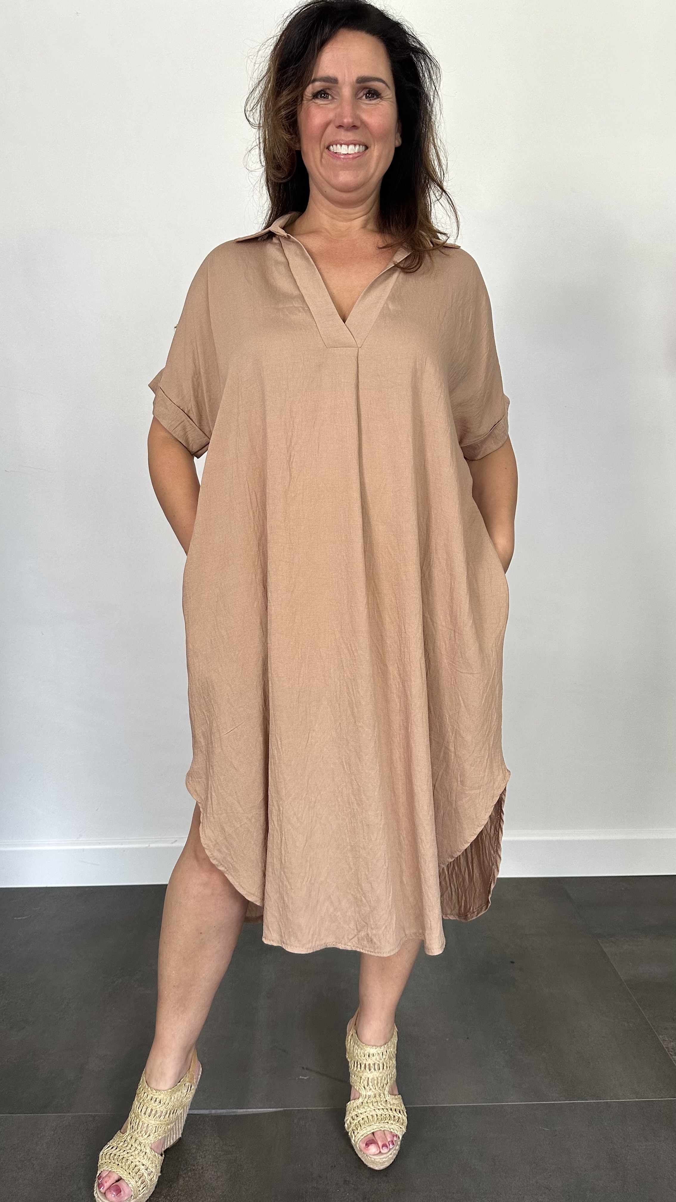 Jurk Leya uni +Size Camel