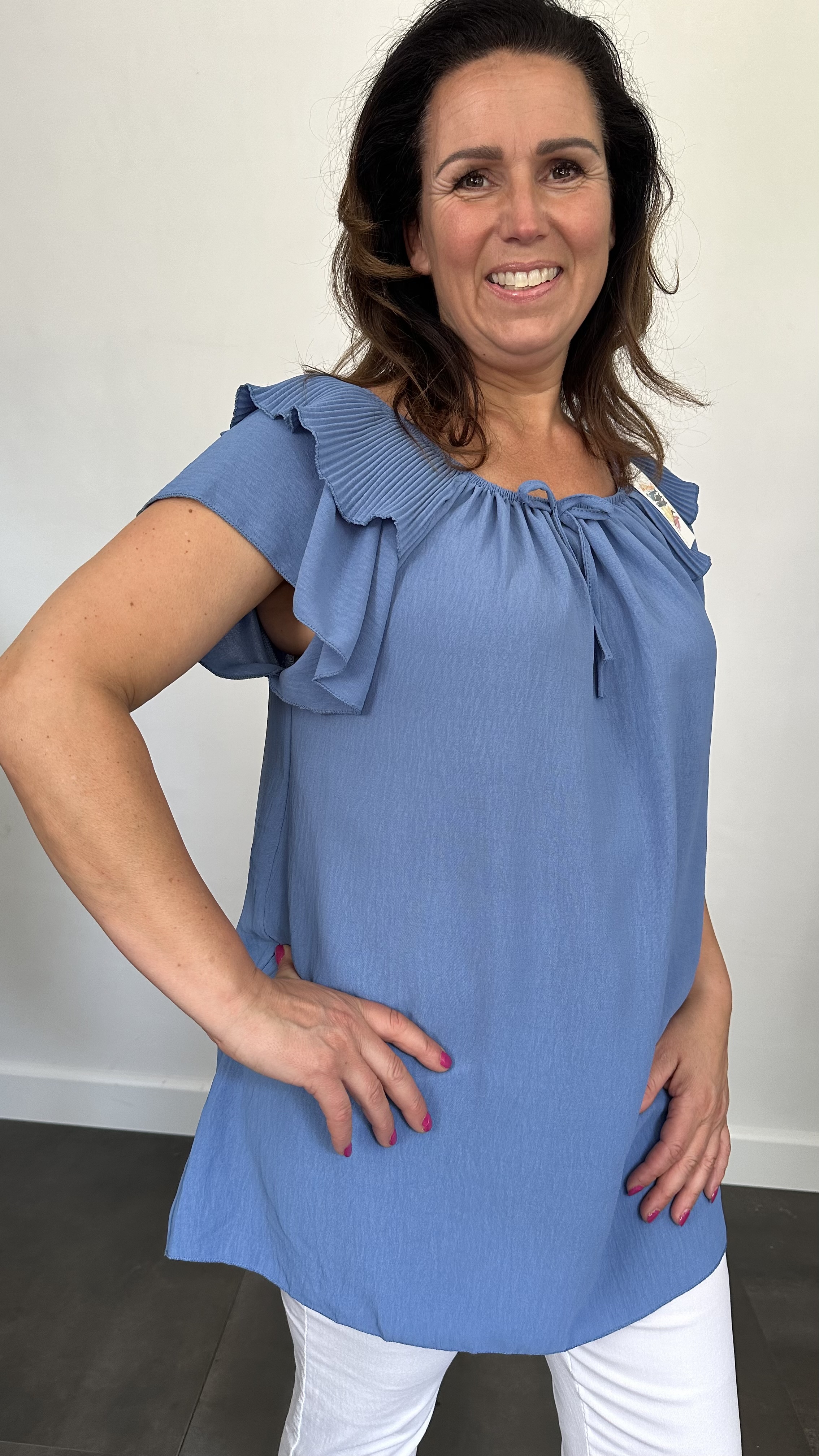 Top Kenza met plissé ruche jeans blauw (donker) SALE