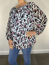 Voile ballon blouse panter licht blauw +SIZE