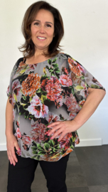 Blouse met boord roos zwart/grijs +SIZE