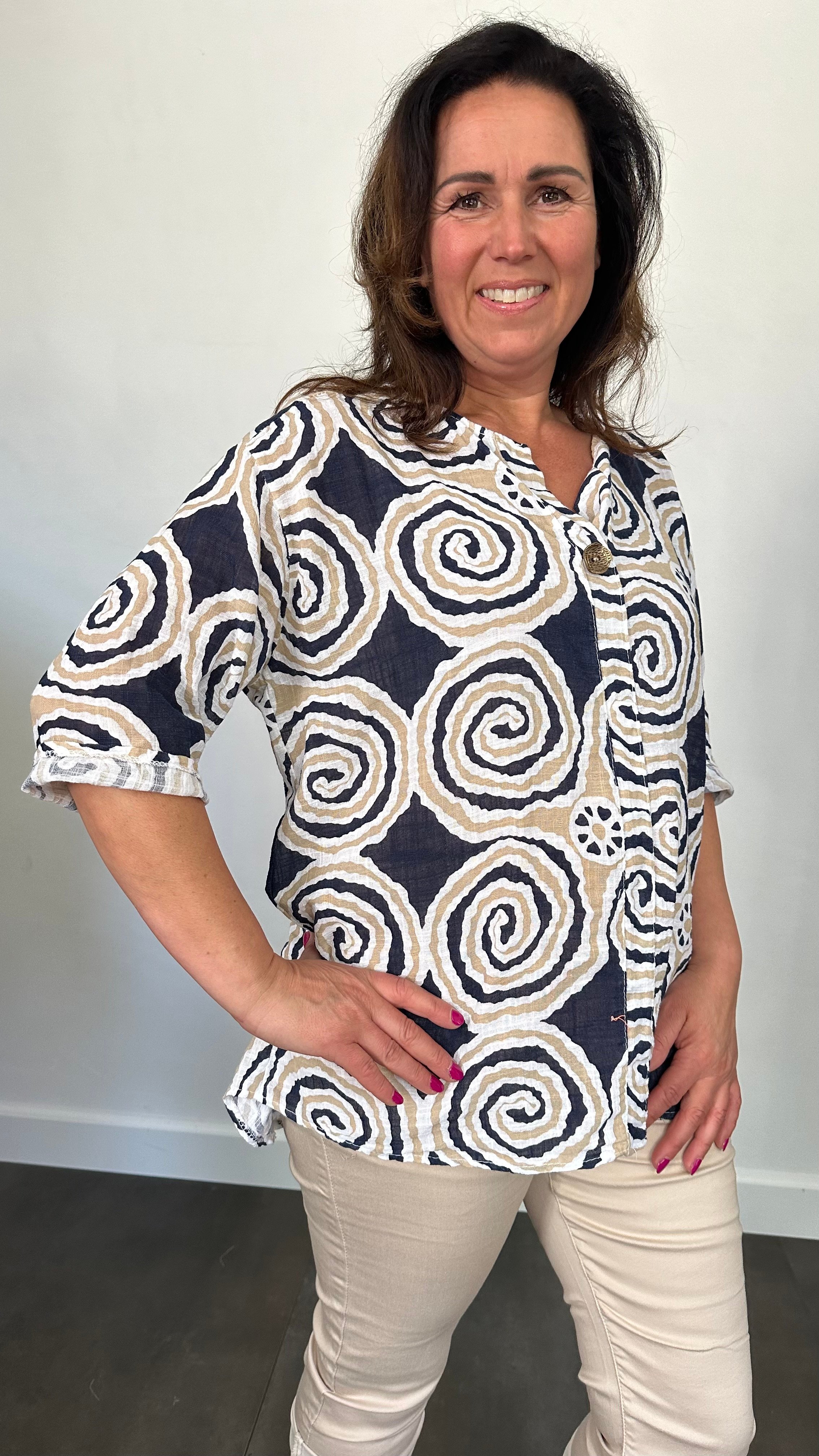 Linnenlook blouse cirkels marine