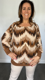 Blouse met boord lange mouw +Size Extra zigzag cognac