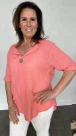 Linnenlook blouse met knoop koraal