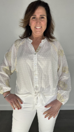 Blouse Beverly met knoop ecru/ goud geborduurde blaadjes