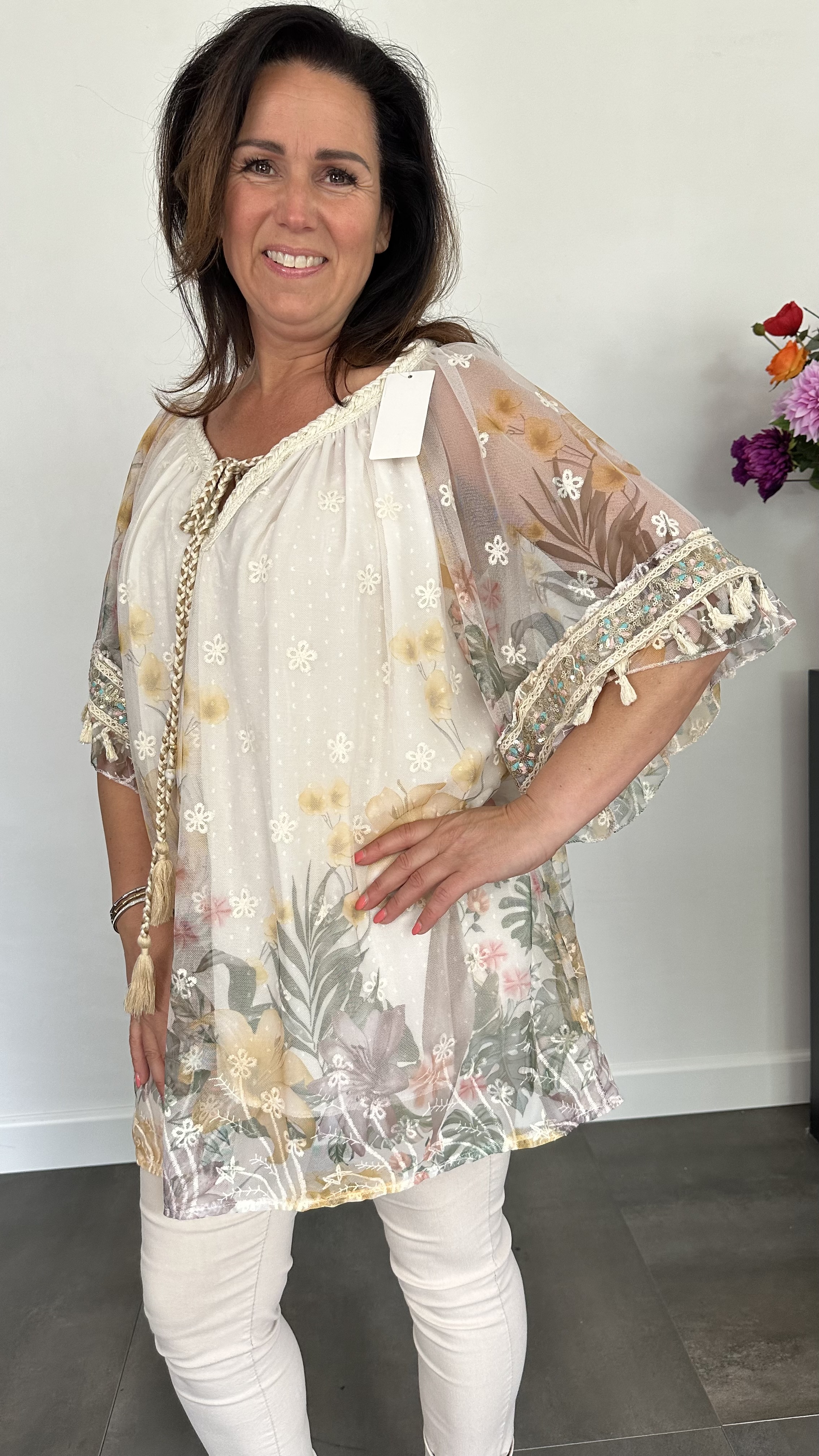 Tule tuniek met bloemen print +SIZE geel