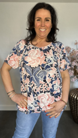 Ballon shirt met elastiek Denim Flower roze