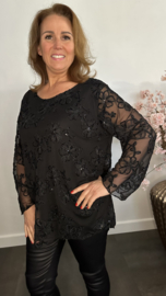 Top Christel met bloemen Zwart