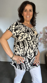 Shirt met koord travel Leaves zwart/wit