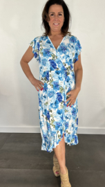 Stretch overslag jurk roos licht blauw
