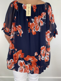 + Size ballon blouse met strikjes gebloemd marine/ rood