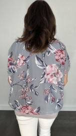 Blouse met boord bloemen grijs