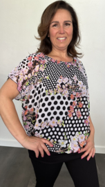 Blouse met boord bloesem & stippen roze/zwart