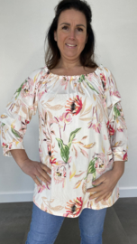 Lange blouse met gesmokte mouw flowers ecru