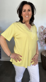 Ribbel shirt met kanten V-hals Geel