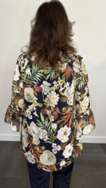 Blouse met gesmokte band palm roos marine/ ecru SALE