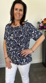 Ballon shirt met elastiek fantasy roos blauw/wit (+size)