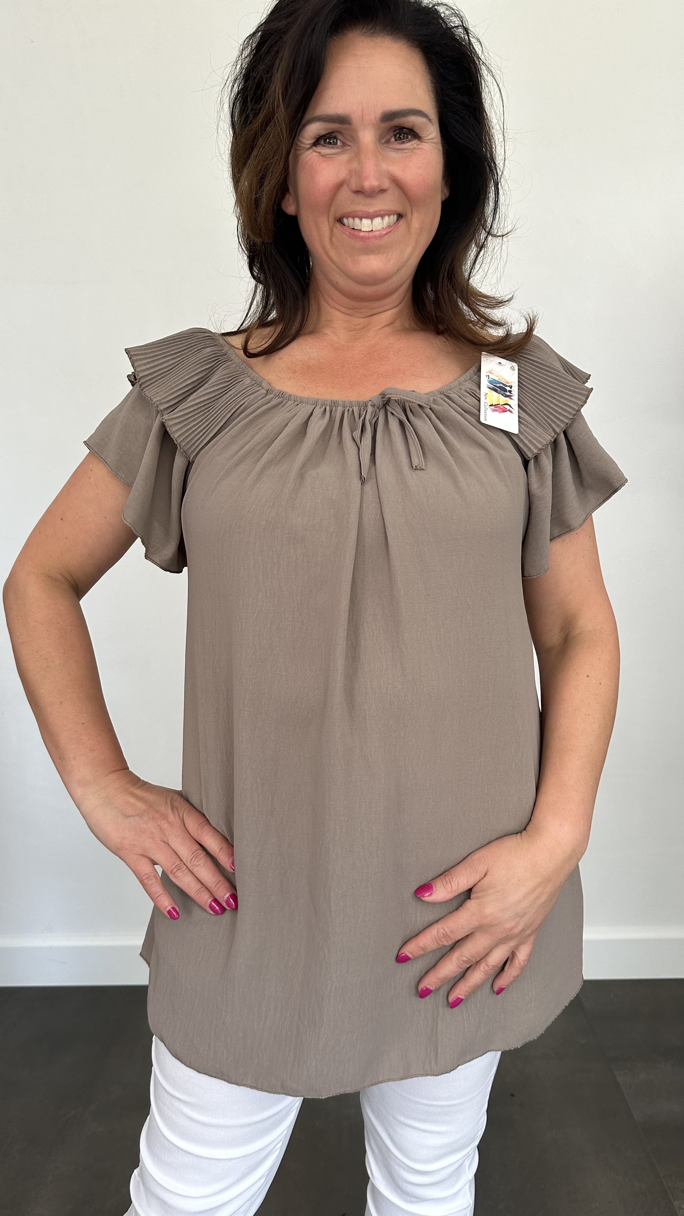 Top Kenza met plissé ruche taupe SALE