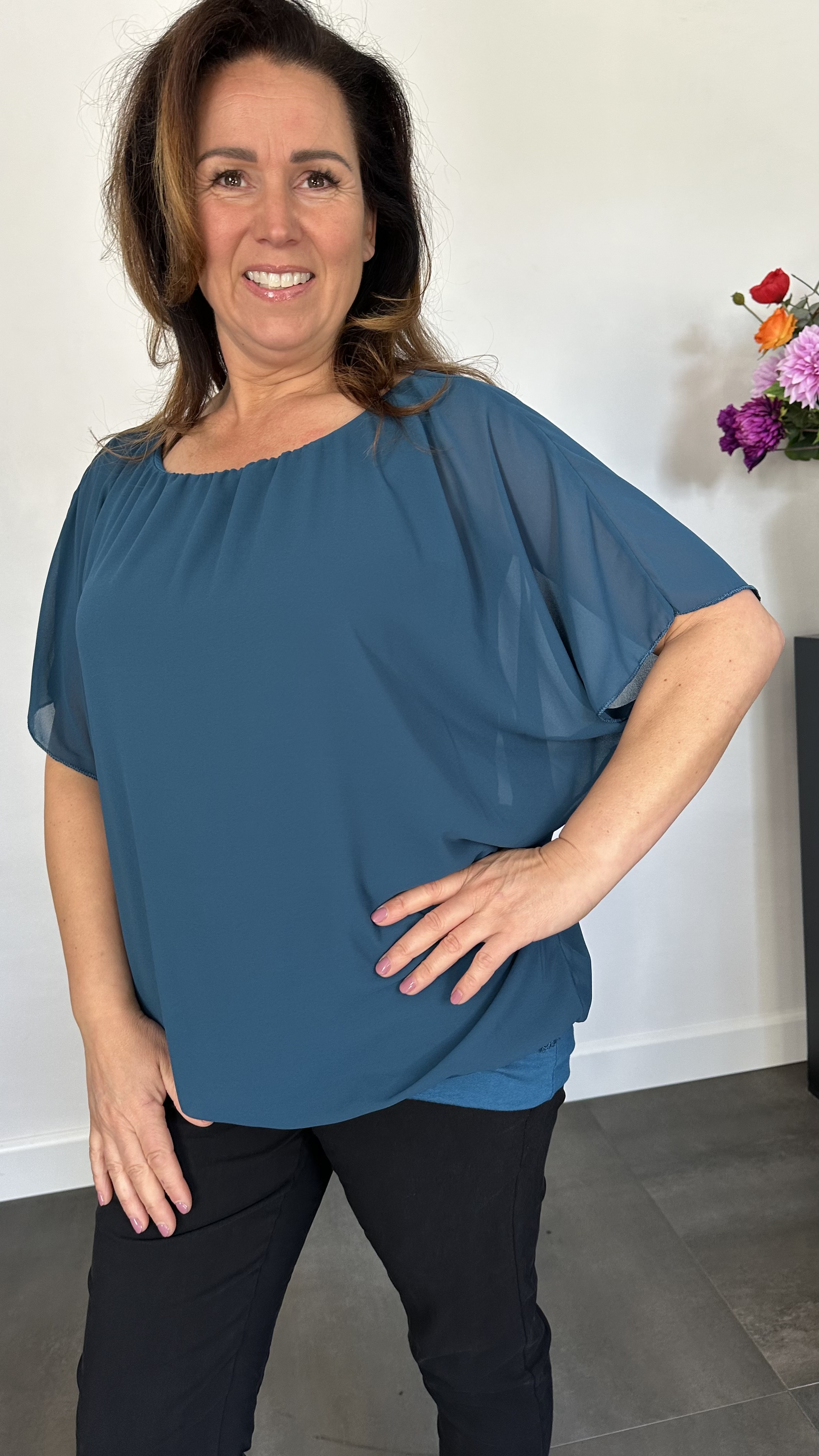 Blouse met boord korte mouw petrol
