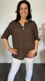 Linnenlook blouse met knoop choco