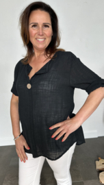 Linnenlook blouse met knoop zwart