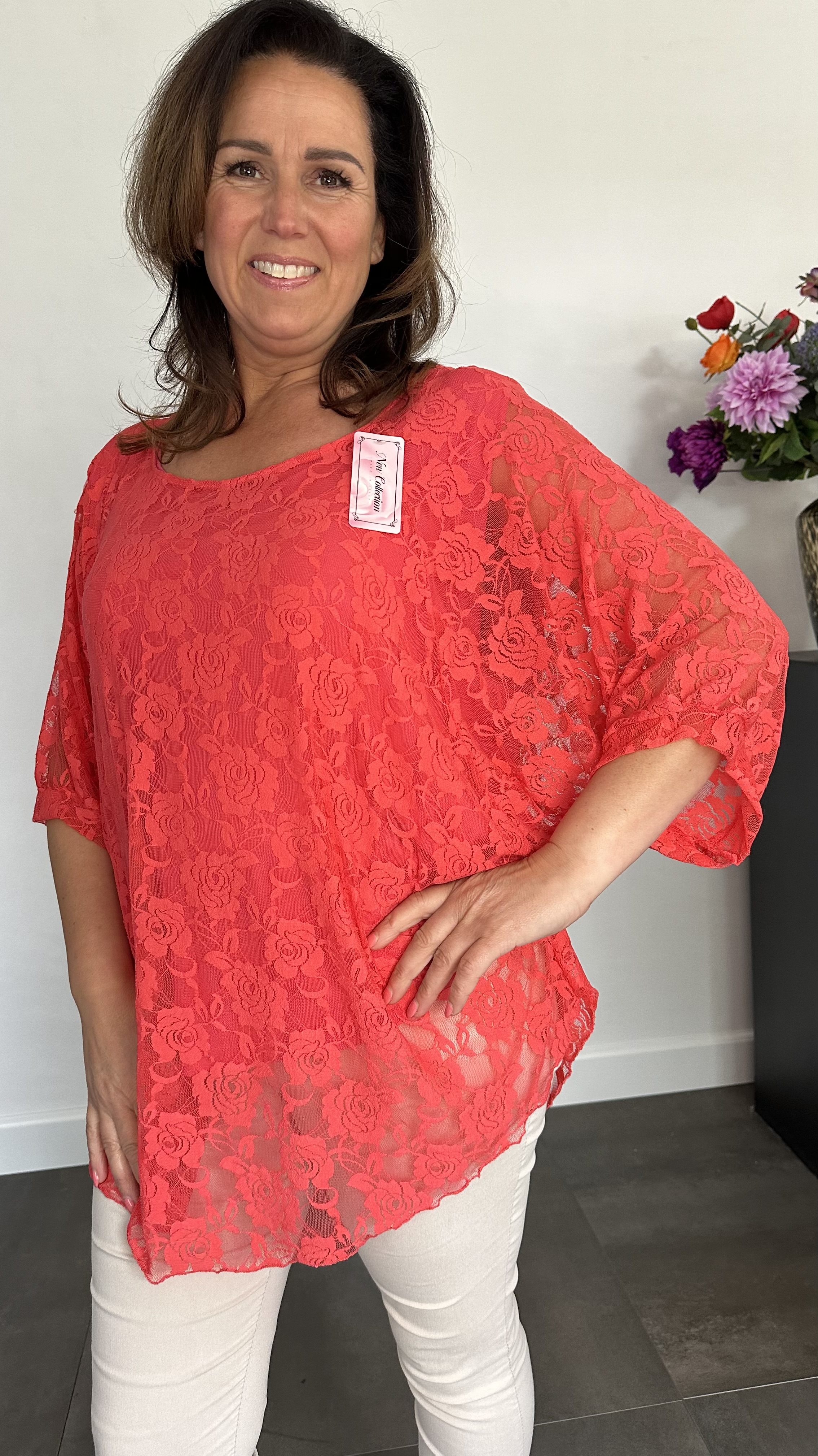 Kanten blouse charlotte +SIZE koraal SALE