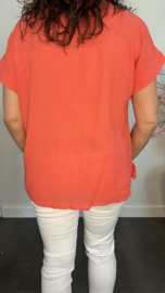 Linnenlook shirt met gehaakt kant Koraal