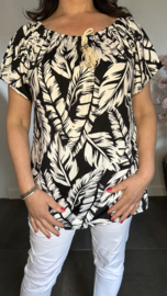 Shirt met koord travel Leaves zwart/wit
