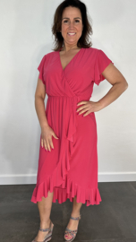 Stretch overslag jurk fuchsia SALE