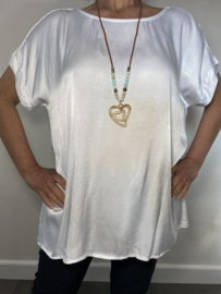 Satijnen t-shirt met opengewerkte mouw wit