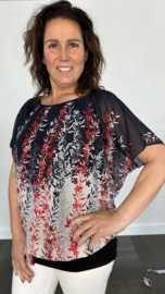Blouse met boord RODE bloesem tak marine/ wit