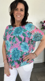 Kanten ballon blouse Roos turquoise/pink