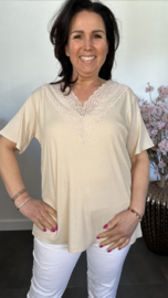 Ribbel shirt met kanten V-hals Zand