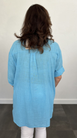 Linnenlook blouse met knoop turquoise