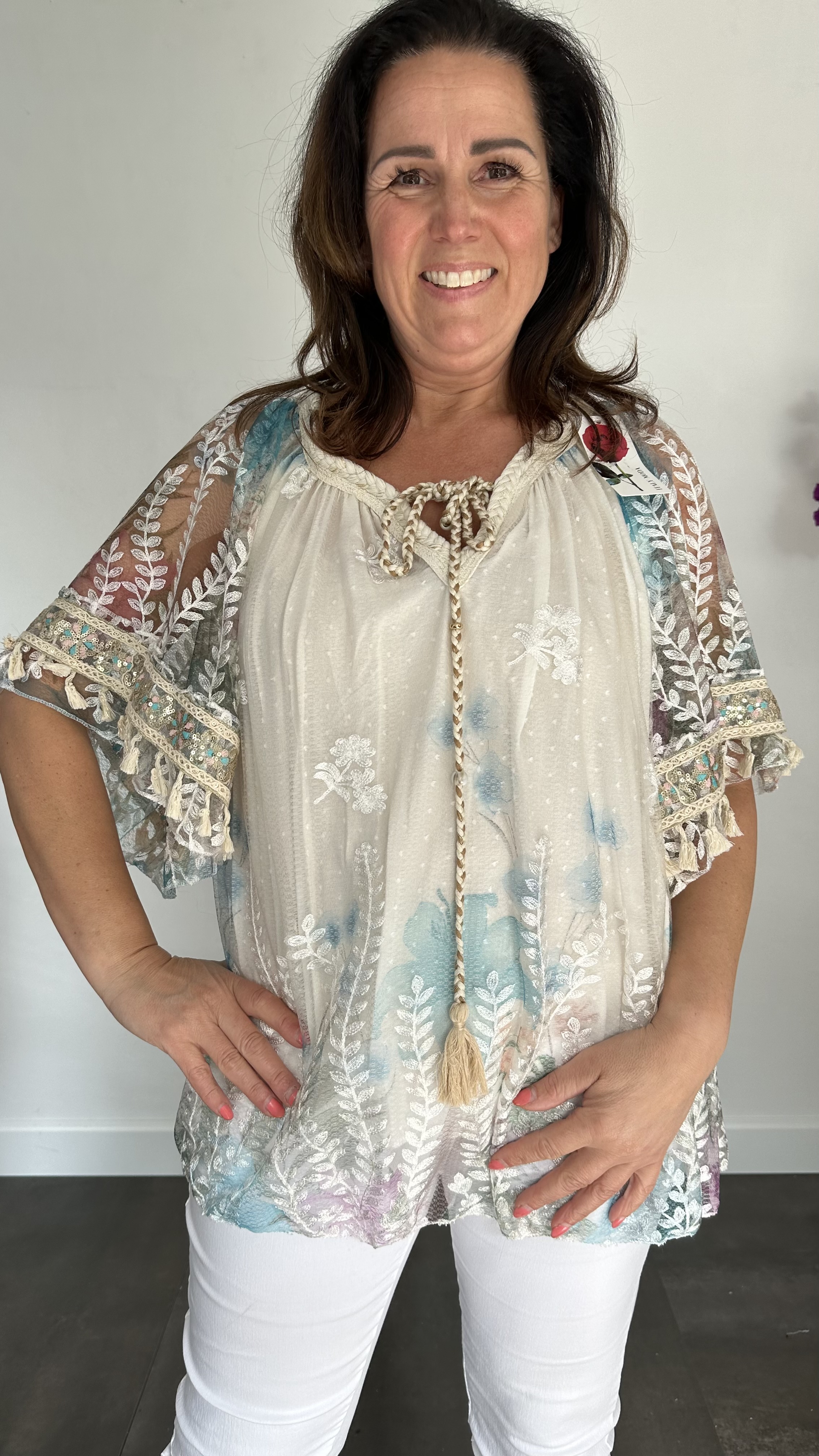 Tule blouse met bloemen print +SIZE turquoise