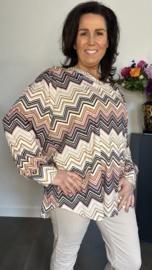 Soft shirt met v-hals en pofmouw Zig zag cognac/zwart