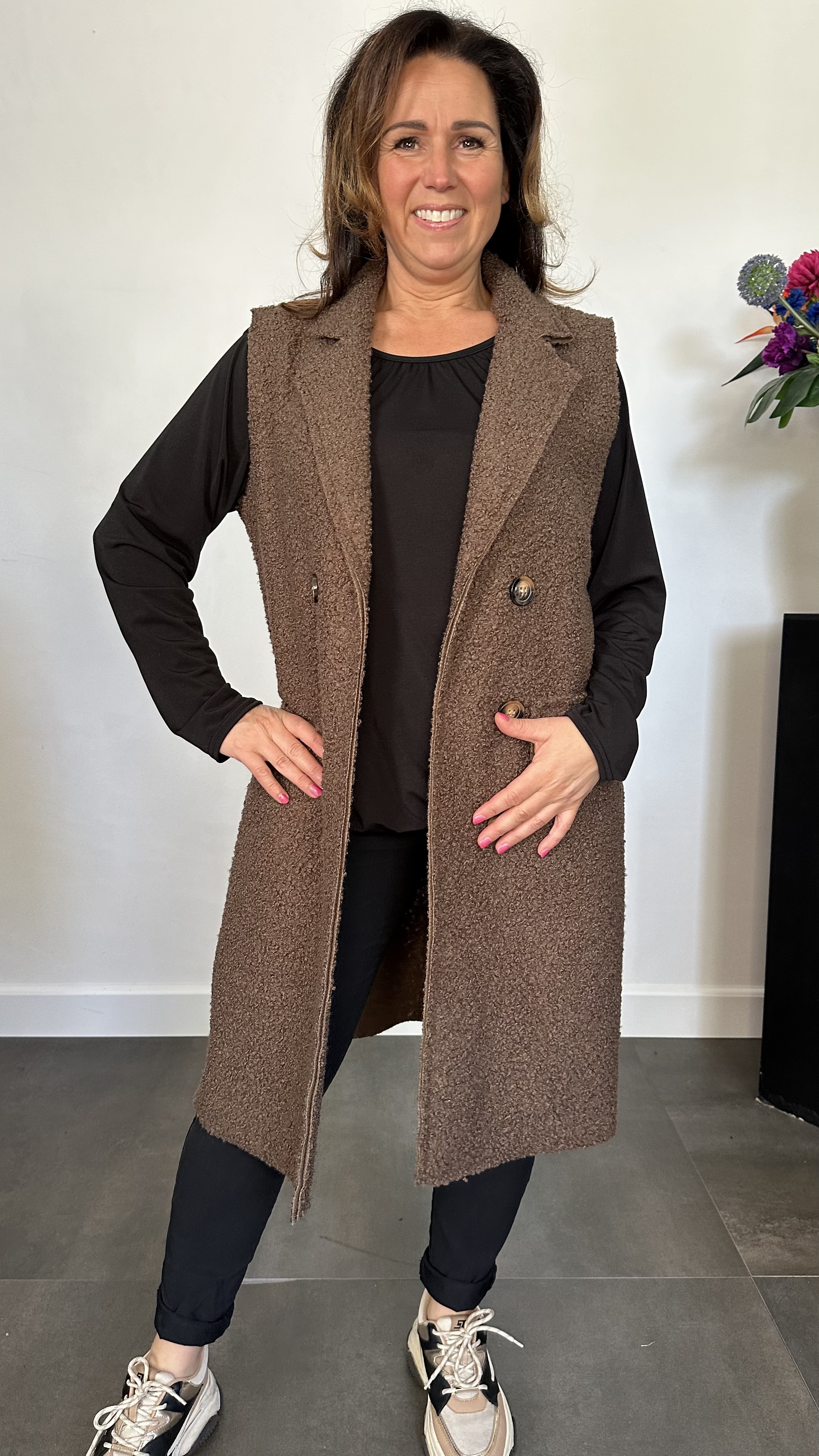 Lange teddy bodywarmer bruin