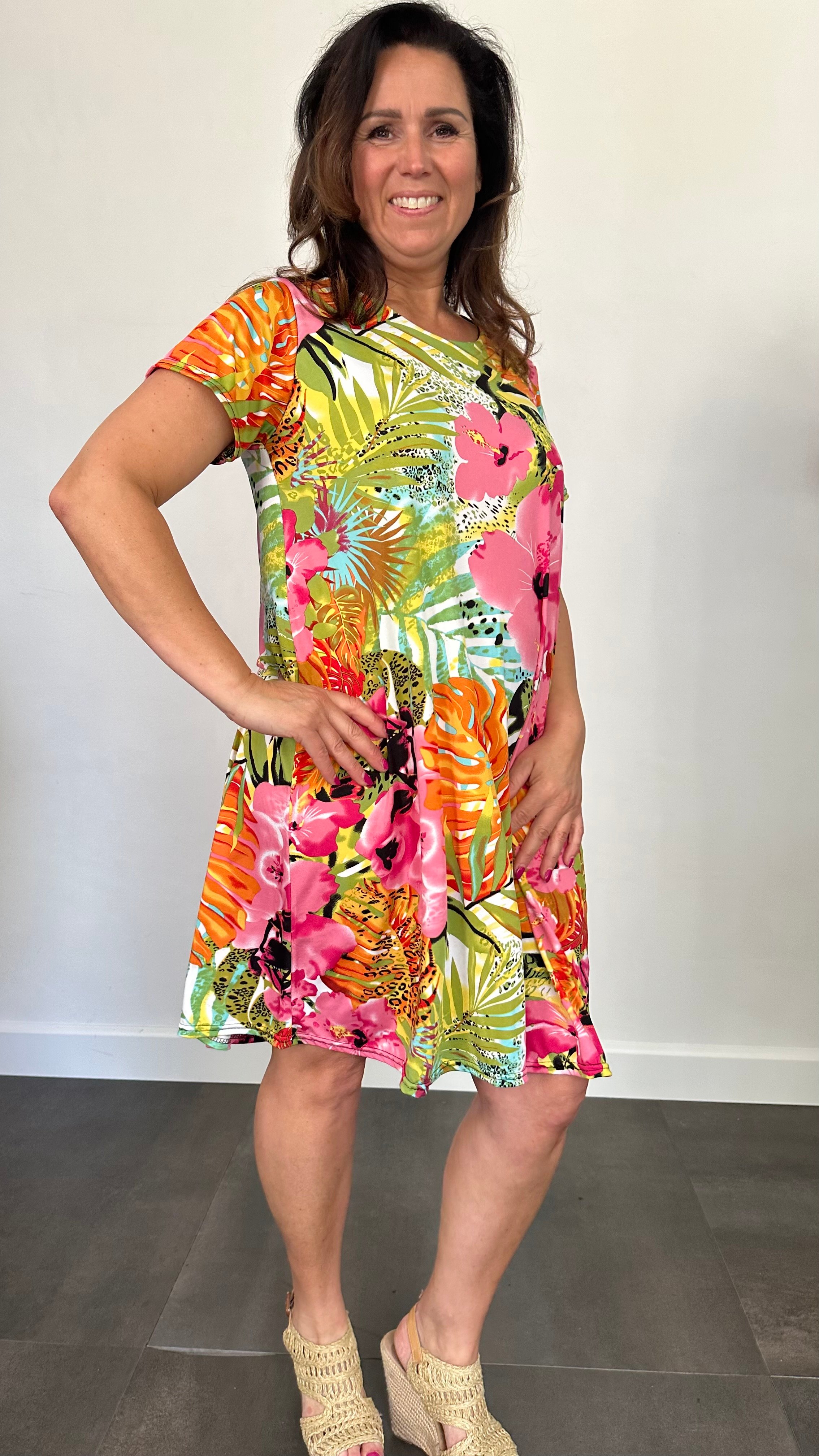 Jurk Dorena palm leaves oranje /pink/groen