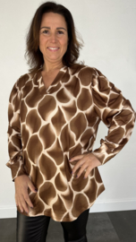 Velvet shirt met v-hals en pofmouw giraffe +SIZE camel