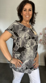Shirt met koord travel Graphic flowers zwart/wit