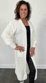 Lang grof gebreid vest met pofmouw ecru