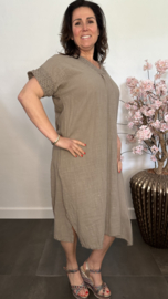 Linnenlook jurk met gehaakt kant Taupe