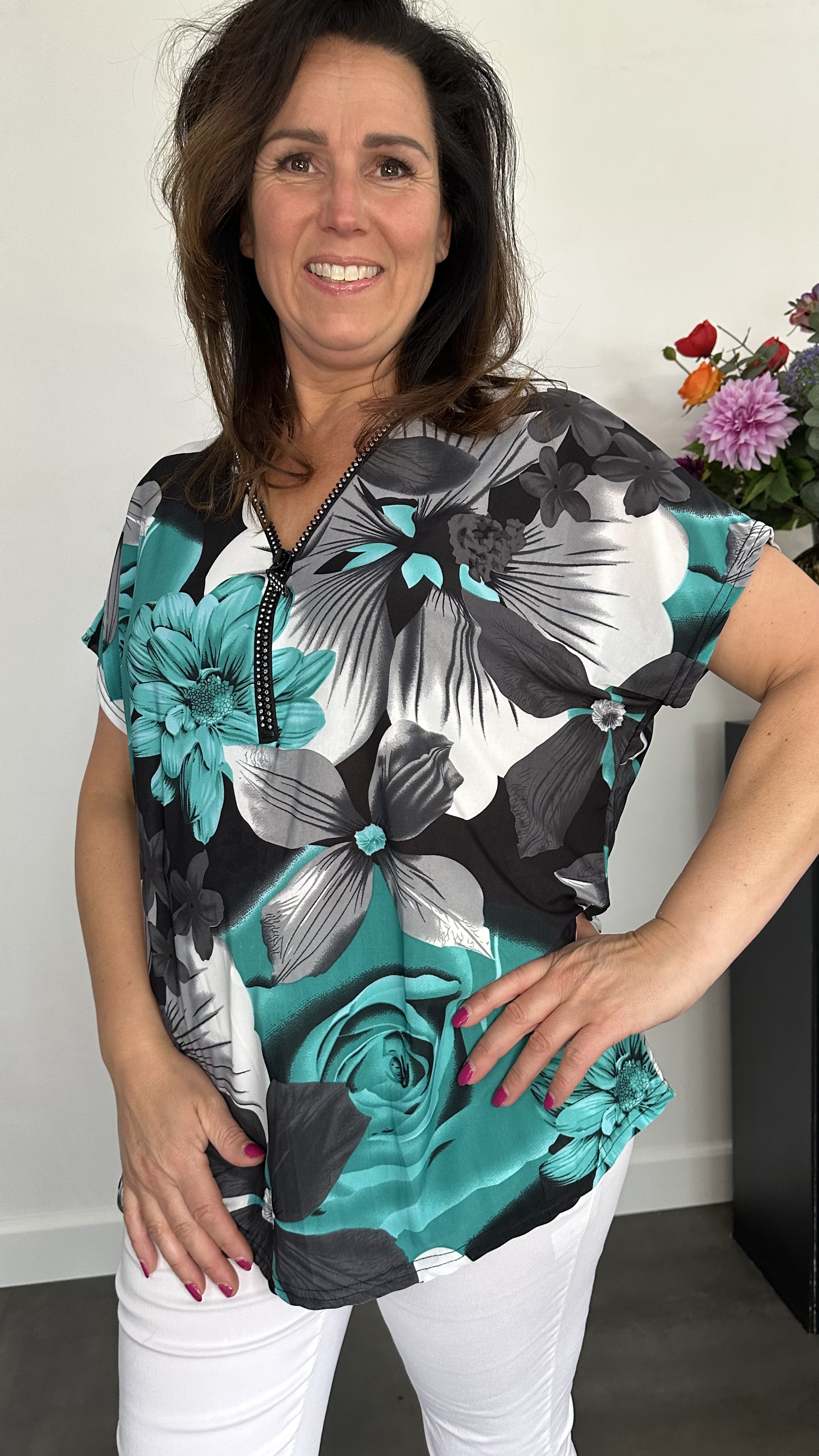 Shirt Zipp gebloemd mint