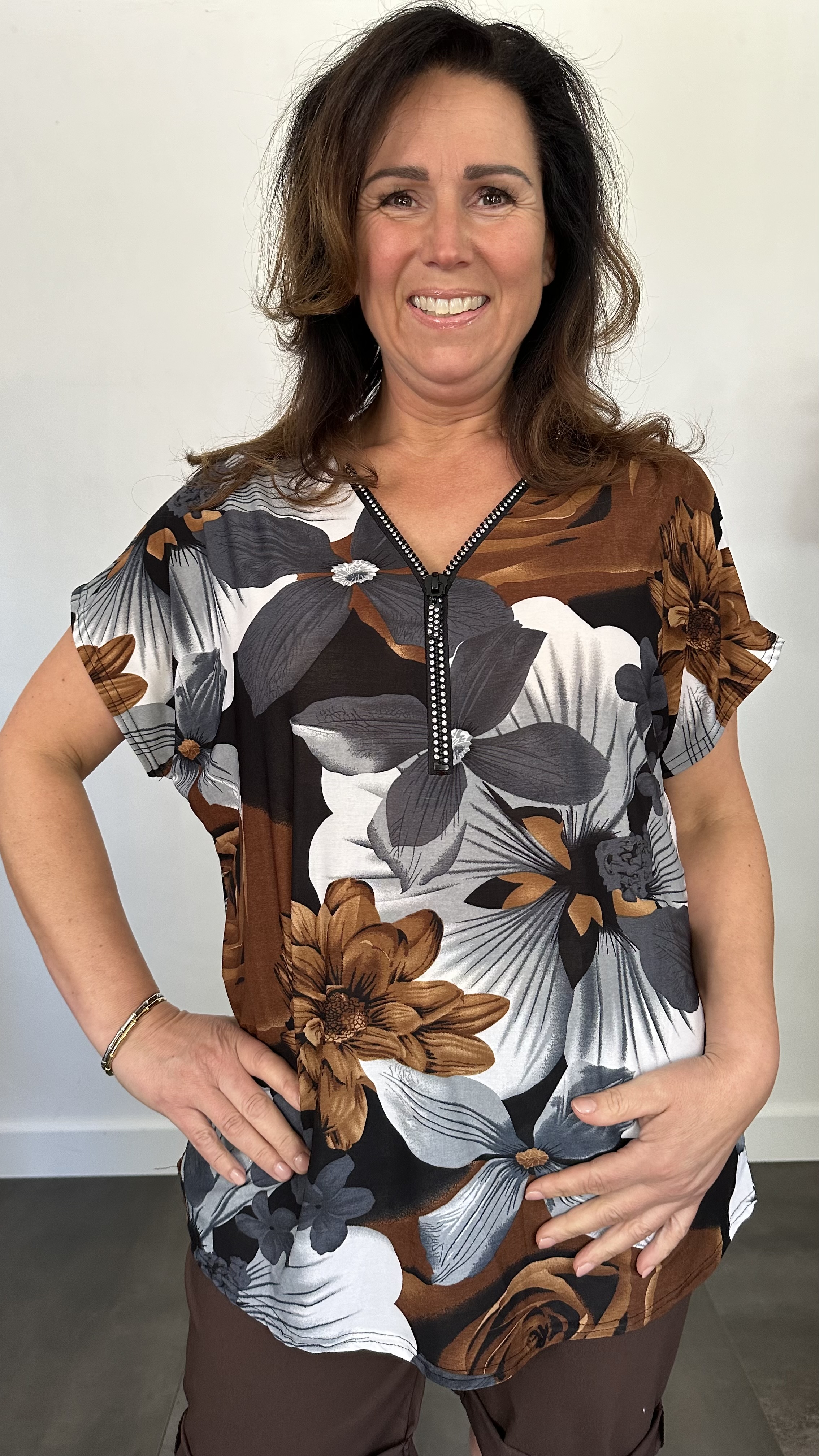 Shirt Zipp gebloemd bruin