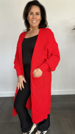 Lang grof gebreid vest met pofmouw rood