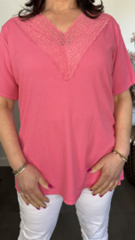 Ribbel shirt met kanten V-hals Fuchsia