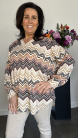 Soft shirt met v-hals en pofmouw Zig zag cognac/zwart