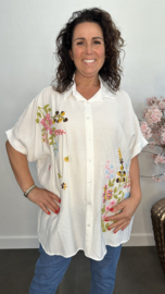 Blouse met geborduurde bloemen +SIZE Ecru
