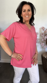 Ribbel shirt met kanten V-hals Fuchsia