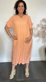 Linnenlook jurk met gehaakt kant Peach
