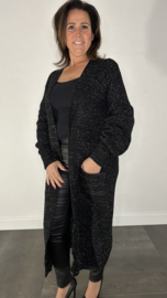 Lang grof gebreid vest met pofmouw zilver sparkle zwart
